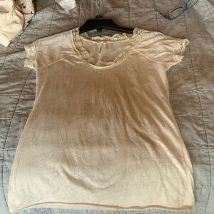 Elegant Cream Lace Trim Women's sheer short sleeve Top